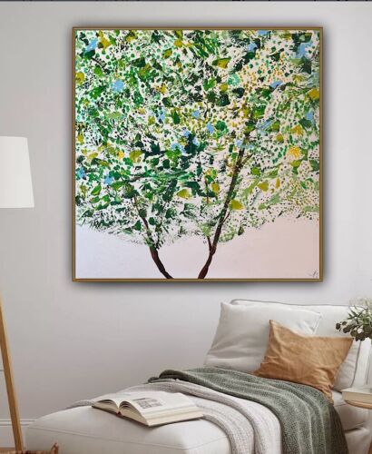 Framed Monet Style Original Abstract Oil Painting On Canvas 100x100cm Emerald Bloom Oka floral