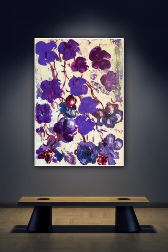 Warhol Style Original Abstract Oil Painting On Canvas 66x44cm Purple Flowers Oka