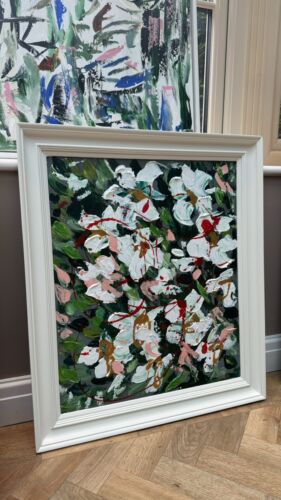 Framed Oka Original Abstract Oil Painting Canvas 70x60cm White Roses Spread II