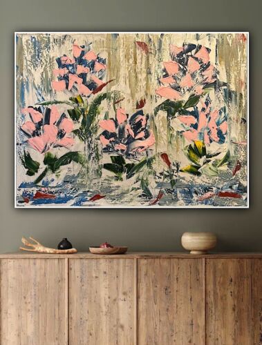 Oka Contemporary Abstract Original Oil Painting 80x60cm Whispers Of pink Peonies flowers