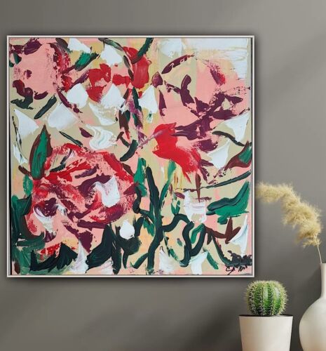 Framed Original Abstract Contemporary Oil Painting On Canvas 45x45cm Roses Oka