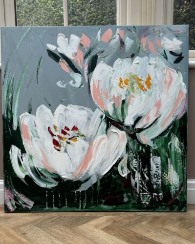 Framed Contemporary Abstract Original Oil Painting On 80x80cm Canvas White Tulips