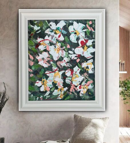 Framed Oka Original Abstract Oil Painting Canvas 70x60cm White Roses Spread II