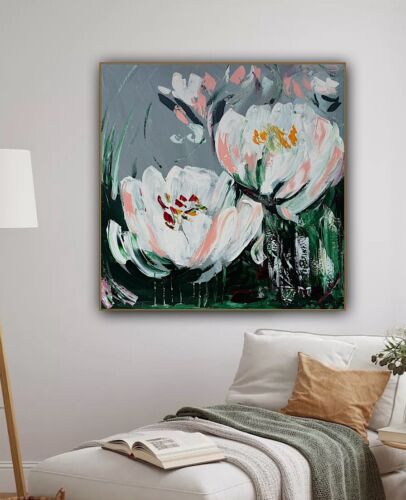 Framed Contemporary Abstract Original Oil Painting On 80x80cm Canvas White Tulips