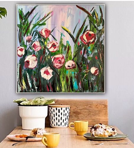 Framed Original Abstract Oil Painting On Canvas 80x80cm Summer Roses Textured