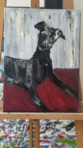 Original Abstract Oil Painting On 30x40cm Canvas Toupe Background Whippet dog