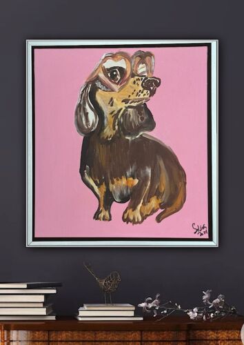 Framed Original Abstract Contemporary Oil Painting On Canvas 38x35xm Sausage Dog