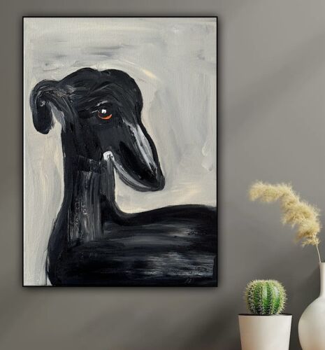 Original Abstract Oil Painting On 30x40cm Canvas Toupe Background Grayhound dog