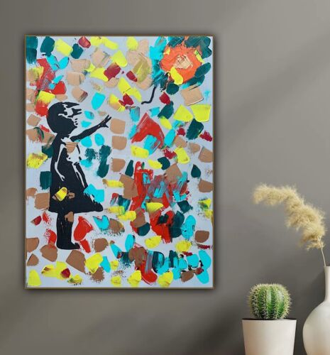 Girl With Balloon Like Banksy Oil Painting On Canvas 60 X 45cm Fun Day Ahead