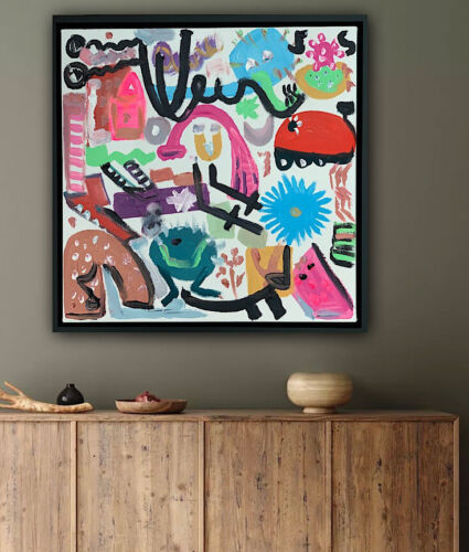Framed Abstract Original Oil Painting on 43x43cm canvas Graffiti Art Vogue Love