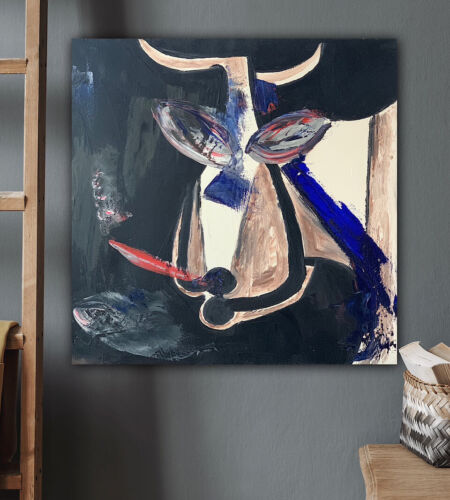 Original abstract Oil Painting On 3.8cm Canvas 40x40cm Graffiti  art Smoking Cow animal