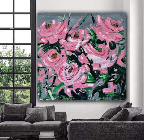 Framed Contemporary Abstract Original Oil Painting On 80x80cm Canvas Pink Roses