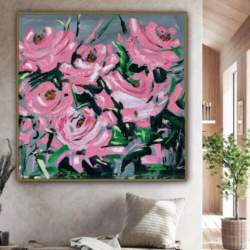 Framed Contemporary Abstract Original Oil Painting On 80x80cm Canvas Pink Roses