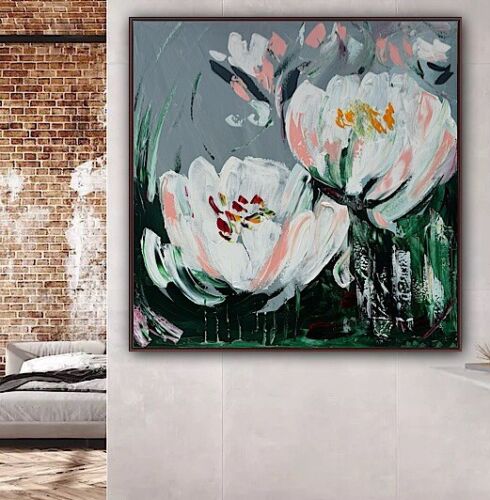 Framed Contemporary Abstract Original Oil Painting On 80x80cm Canvas White Tulips