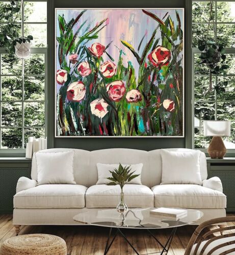 Framed Original Abstract Oil Painting On Canvas 80x80cm Summer Roses Textured