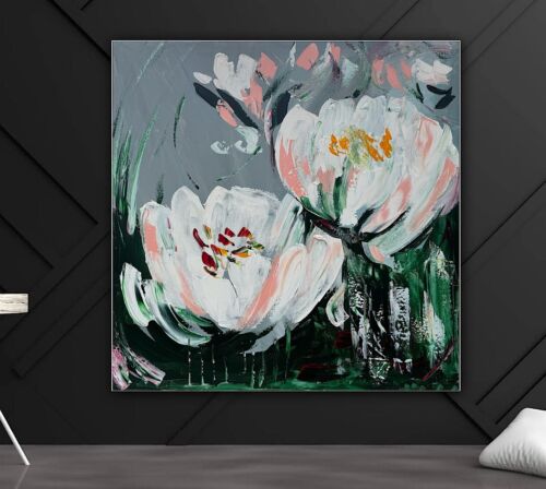 Framed Contemporary Abstract Original Oil Painting On 80x80cm Canvas White Tulips