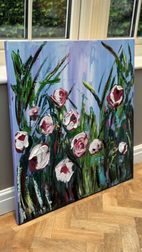 Framed Original Abstract Oil Painting On Canvas 80x80cm Summer Roses Textured