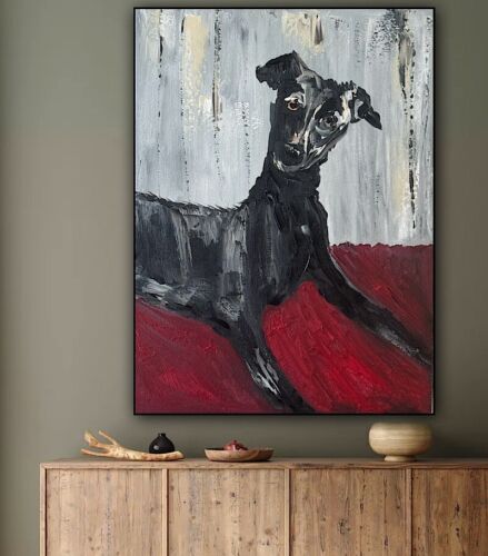 Original Abstract Oil Painting On 30x40cm Canvas Toupe Background Whippet dog