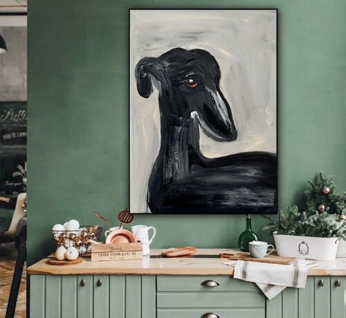 Original Abstract Oil Painting On 30x40cm Canvas Toupe Background Grayhound dog