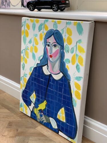 Abstract Original Oil Painting On Canvas 50x60cm Lady With Canary portrait