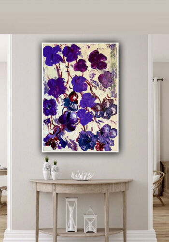 Warhol Style Original Abstract Oil Painting On Canvas 66x44cm Purple Flowers Oka