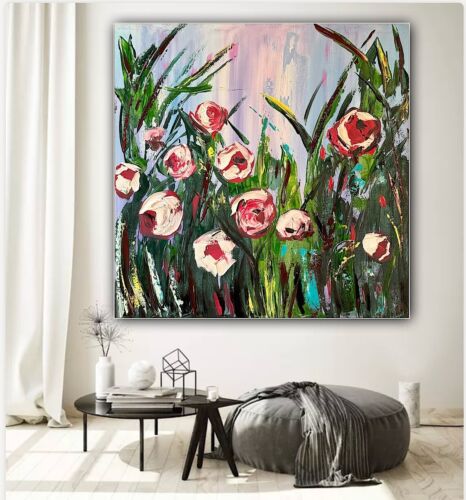 Framed Original Abstract Oil Painting On Canvas 80x80cm Summer Roses Textured
