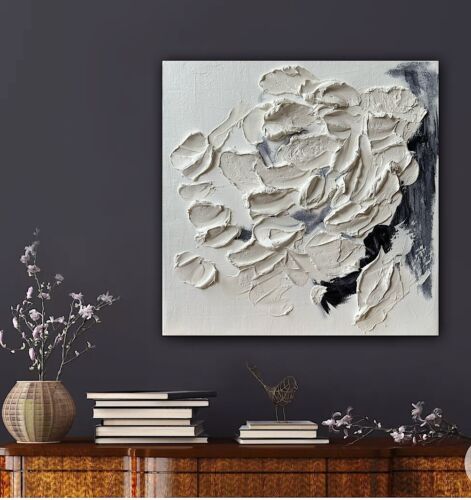 Textured Rose Black &White Modern Abstract oil Painting On Canvas 30x30cm In Oka