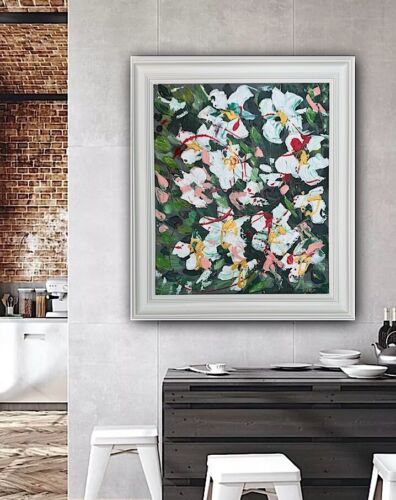 Framed Oka Original Abstract Oil Painting Canvas 70x60cm White Roses Spread II