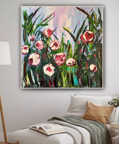 Framed Original Abstract Oil Painting On Canvas 80x80cm Summer Roses Textured