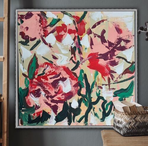 Framed Original Abstract Contemporary Oil Painting On Canvas 45x45cm Roses Oka