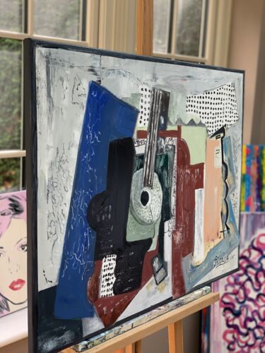 Abstract Oil Painting On 2cm Canvas 80x60cm Door, Guitar & Bottles study