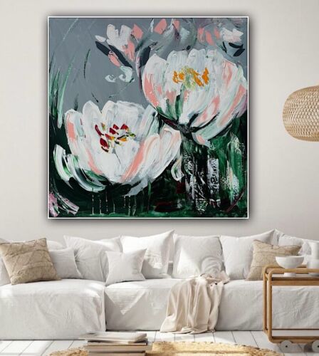 Framed Contemporary Abstract Original Oil Painting On 80x80cm Canvas White Tulips