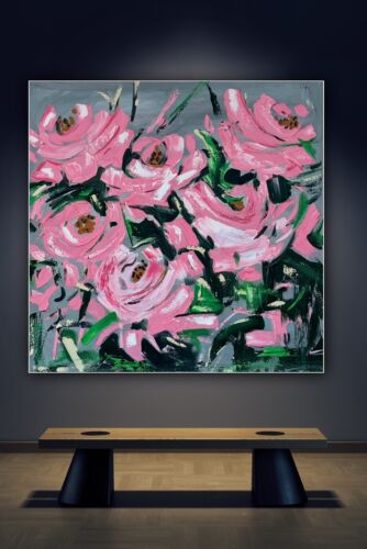 Framed Contemporary Abstract Original Oil Painting On 80x80cm Canvas Pink Roses