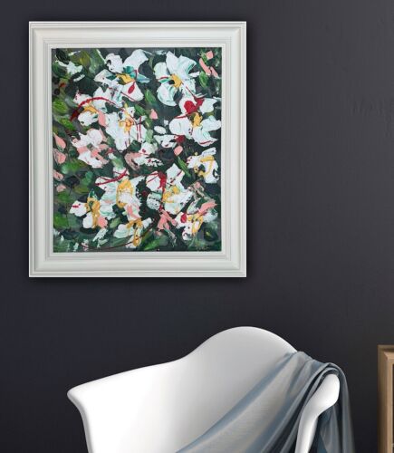 Framed Oka Original Abstract Oil Painting Canvas 70x60cm White Roses Spread II