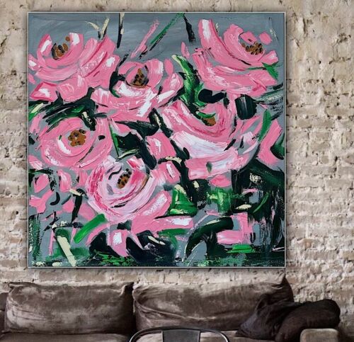 Framed Contemporary Abstract Original Oil Painting On 80x80cm Canvas Pink Roses