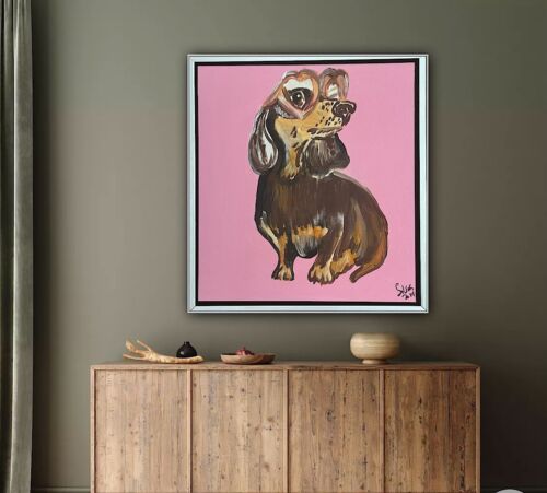 Framed Original Abstract Contemporary Oil Painting On Canvas 38x35xm Sausage Dog