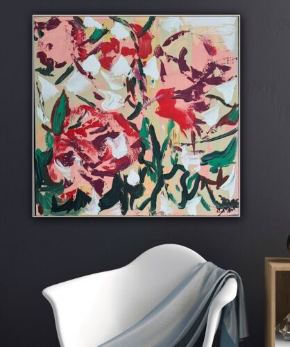 Framed Original Abstract Contemporary Oil Painting On Canvas 45x45cm Roses Oka