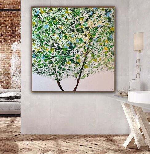 Framed Monet Style Original Abstract Oil Painting On Canvas 100x100cm Emerald Bloom Oka floral