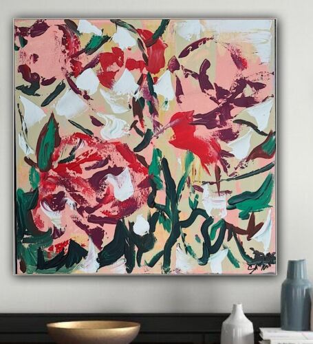 Framed Original Abstract Contemporary Oil Painting On Canvas 45x45cm Roses Oka