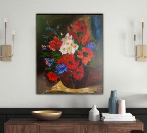 Renoir Original Abstract Oil Painting On Canvas 50X60cm Playful Flowers In Oka