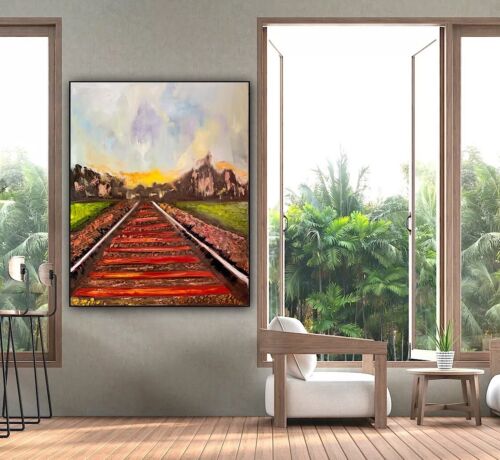 Richter StyLe Abstract original Oil Painting On Canvas 76 X 62cm Train Tracks