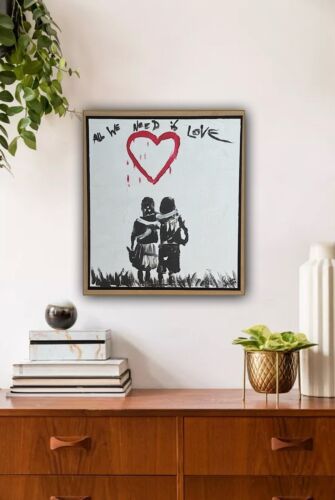 Framed Abstract Original Oil Painting 39x35cm ‘All You Need Love’ Graffiti Art