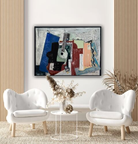Abstract Oil Painting On 2cm Canvas 80x60cm Door, Guitar & Bottles study