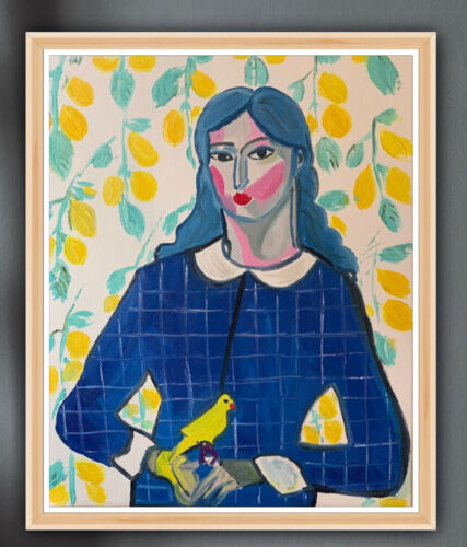 Abstract Original Oil Painting On Canvas 50x60cm Lady With Canary portrait