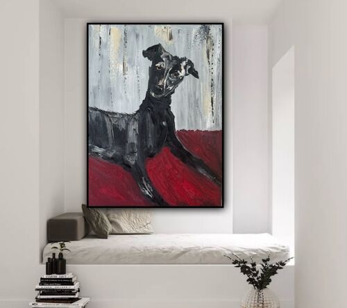 Original Abstract Oil Painting On 30x40cm Canvas Toupe Background Whippet dog