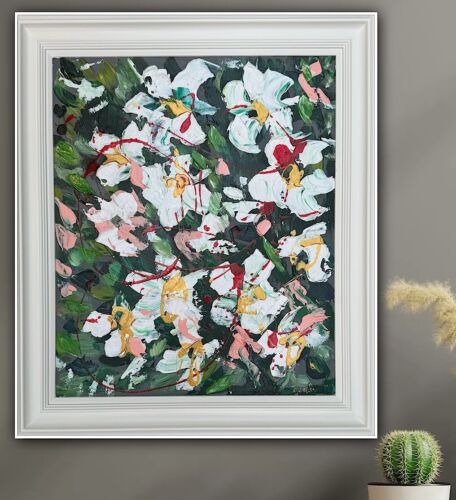 Framed Oka Original Abstract Oil Painting Canvas 70x60cm White Roses Spread II