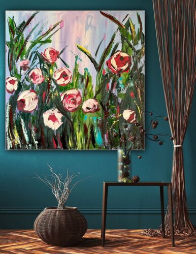 Framed Original Abstract Oil Painting On Canvas 80x80cm Summer Roses Textured