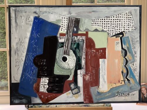 Abstract Oil Painting On 2cm Canvas 80x60cm Door, Guitar & Bottles study