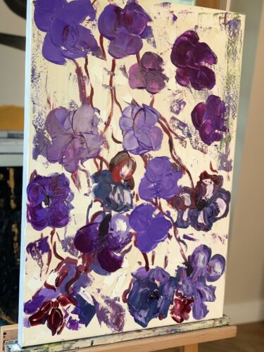 Warhol Style Original Abstract Oil Painting On Canvas 66x44cm Purple Flowers Oka