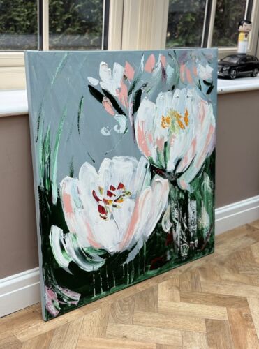 Framed Contemporary Abstract Original Oil Painting On 80x80cm Canvas White Tulips